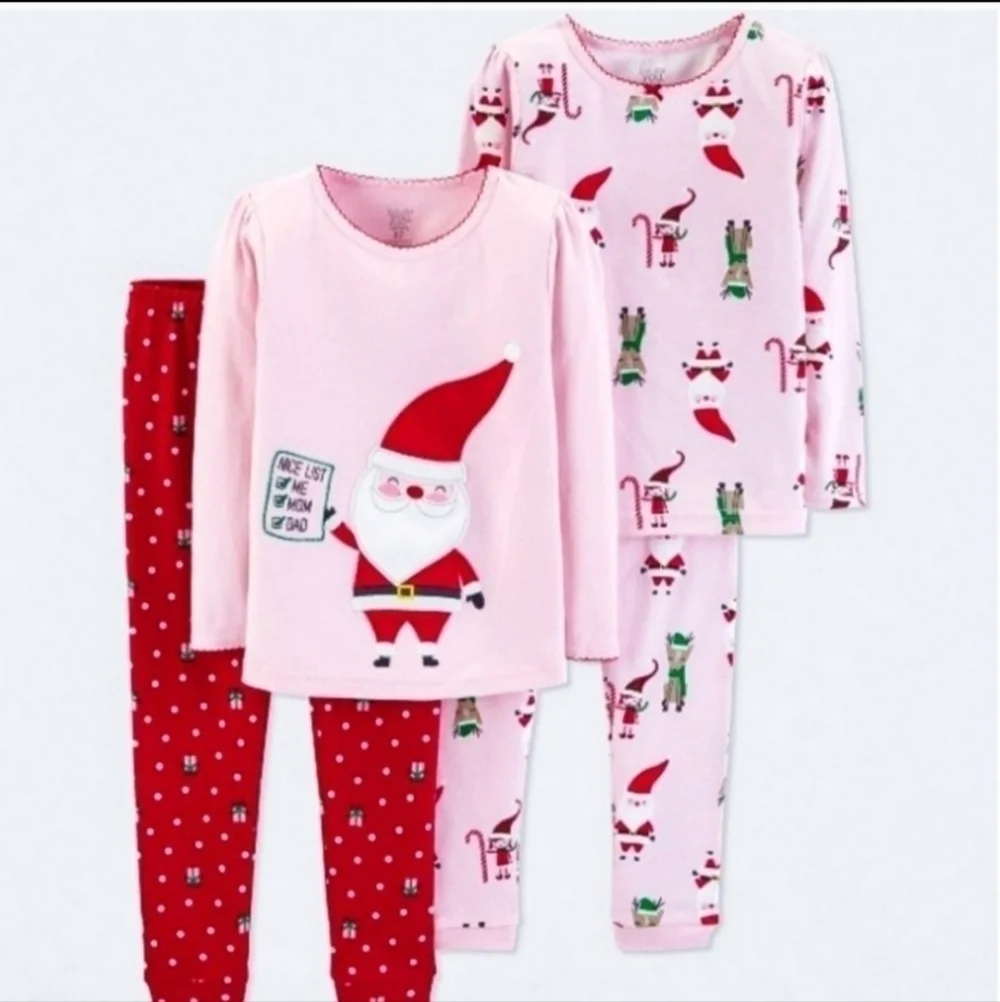 NWT Carter's Pink Red Christmas Holiday Santa Pajama 4 pc Set Baby Girl 18M New
